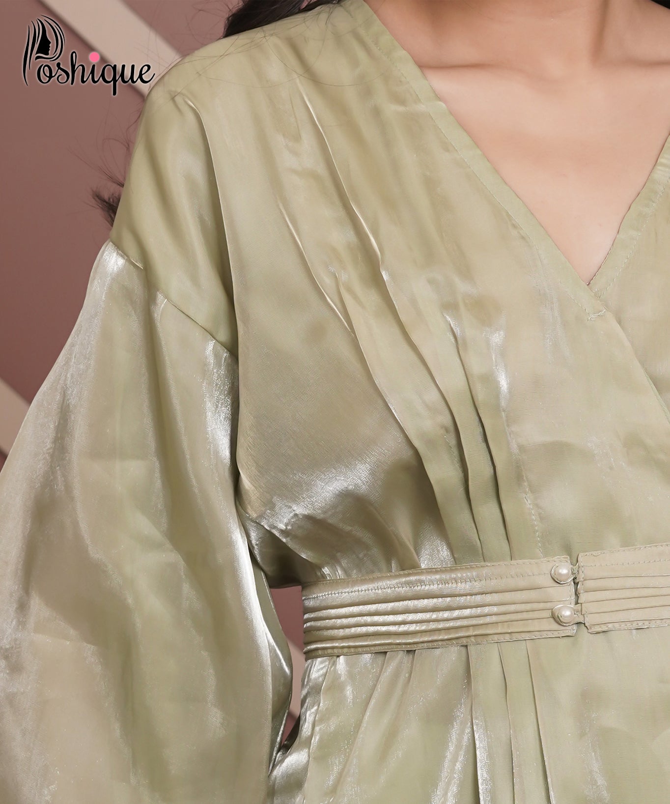 Poshique Metallic Olive Balloon Sleeve Wrap Top
